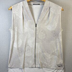 Tahari Full Zipp Blouse Womens‎ Size M Beige Sleeveless Casual Top Office Floral